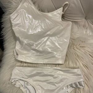 Girls white Holographic tankini ruffles on the bottoms